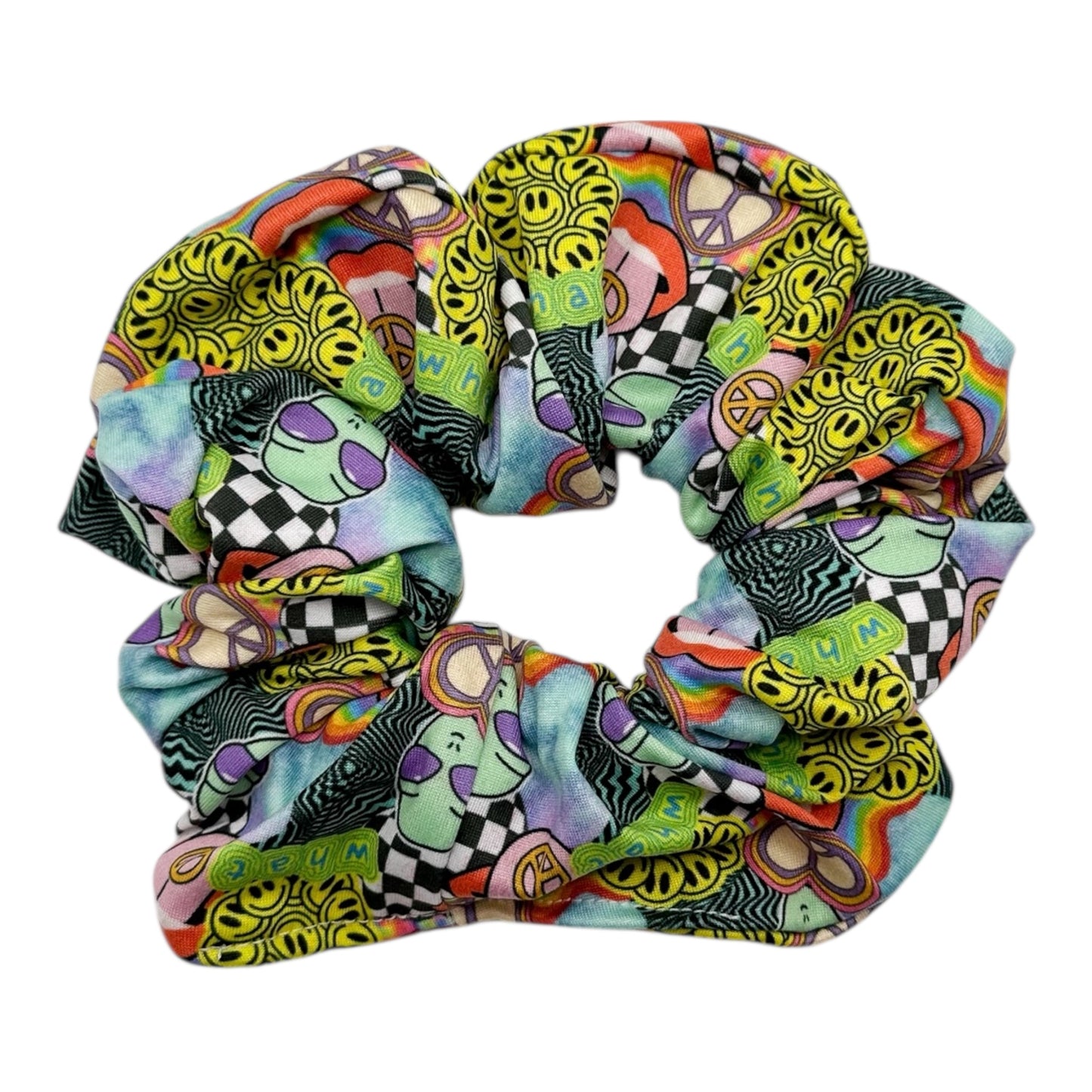 Colorful patterned scrunchies on a white background