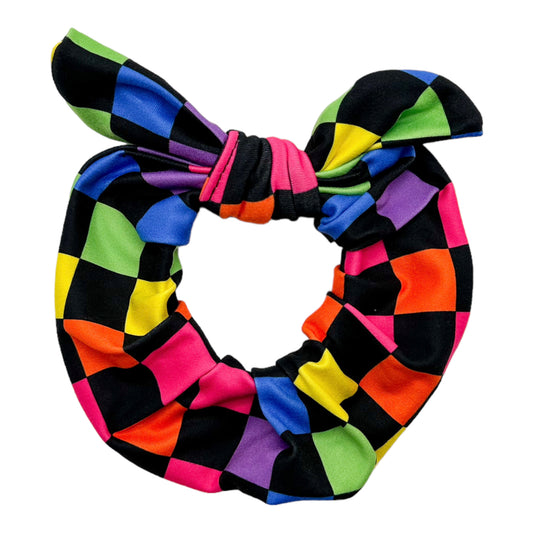 BLACK- RAINBOW CHECKERS - BOW SCRUNCHIE